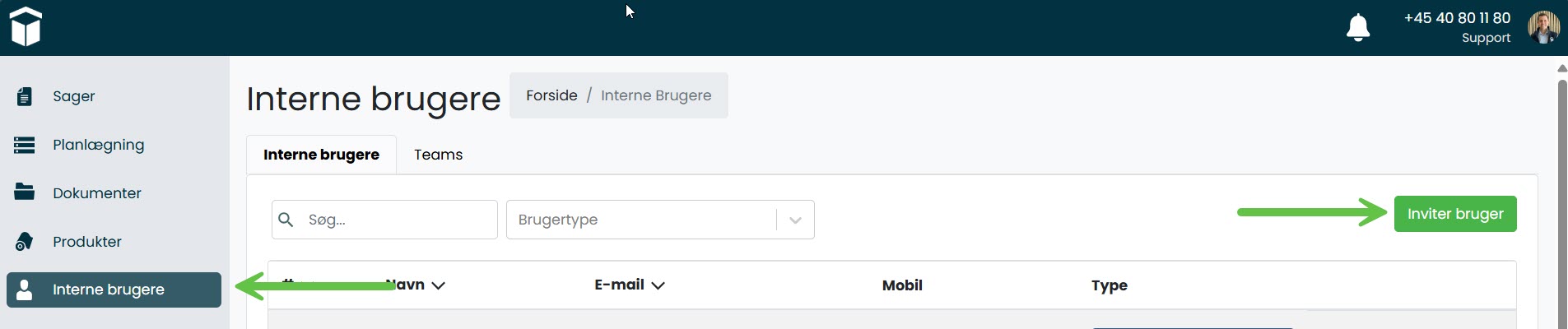 Sitepas Interne Brugere