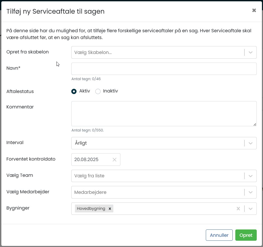 Sitepas Serviceaftaler Oprettelse